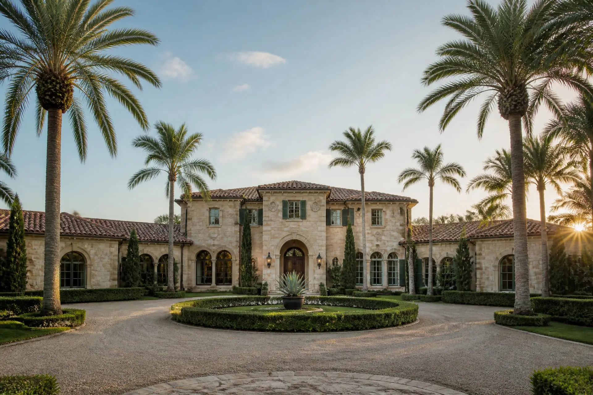 Mediterranean revival estate in Palm Beach County at golden hour with a palm-lined circular drive